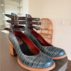 Freebird Blue and Brown Heeled Pumps with Ankle Strap